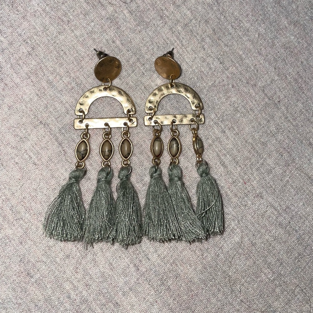 Elegant Gold and Green Tassel Earrings